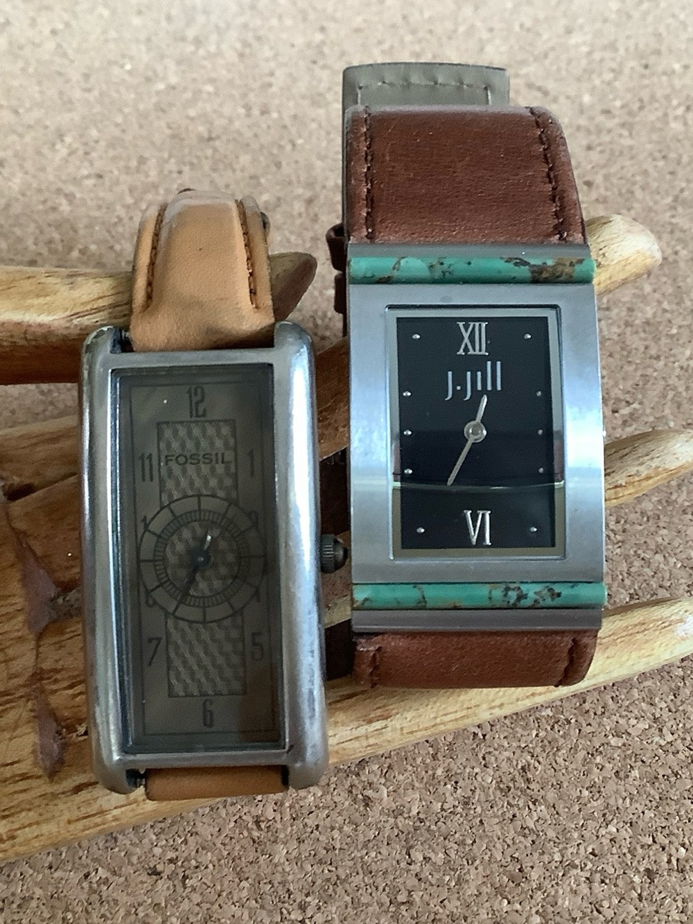 Pair J Jill Turquoise Silver & Fossil Brown Leather Watches - New Batteries